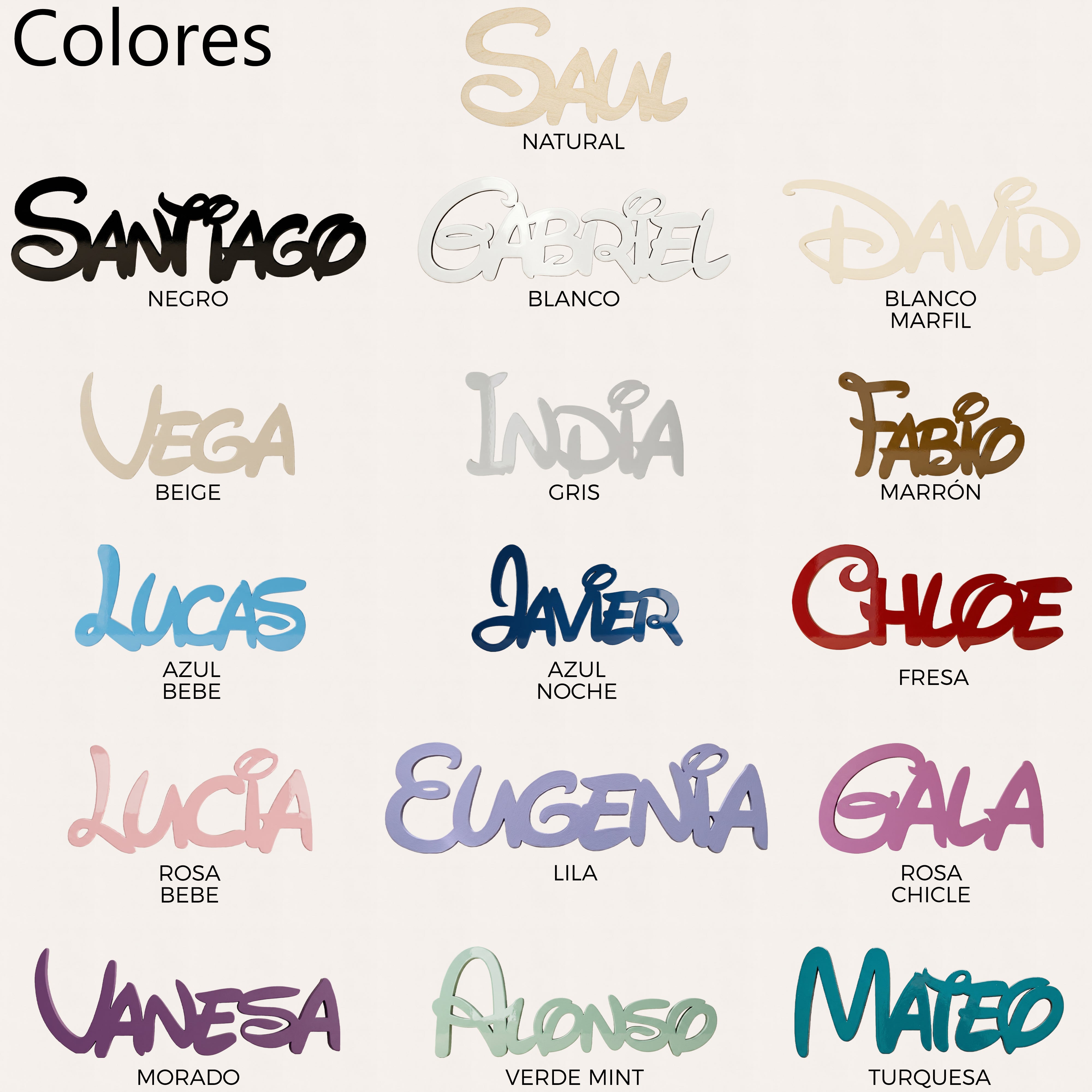 Carta de colores disponible para personalizar un nombre de madera para bebé.