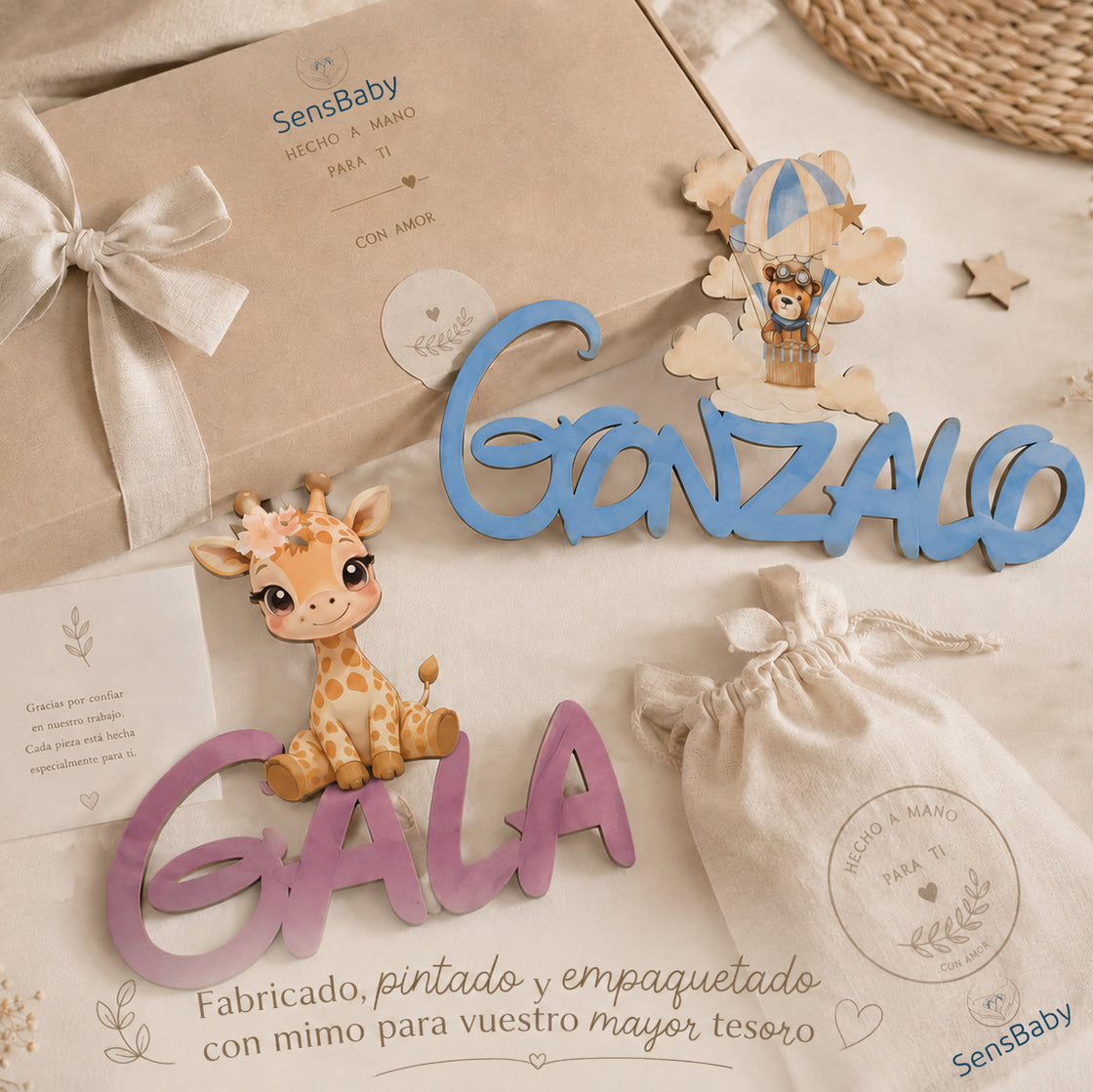 Caja de presentación y nombres de madera personalizados fabricados artesanalmente en España.