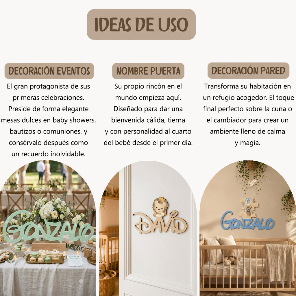 Ideas para decorar con un nombre de madera personalizado una habitación infantil y eventos.