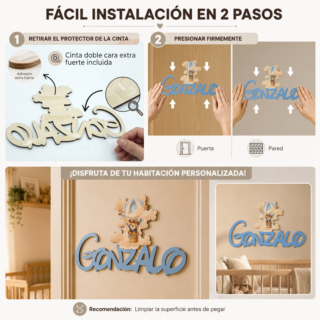 Cómo instalar un nombre de madera personalizado utilizando cinta adhesiva de doble cara.