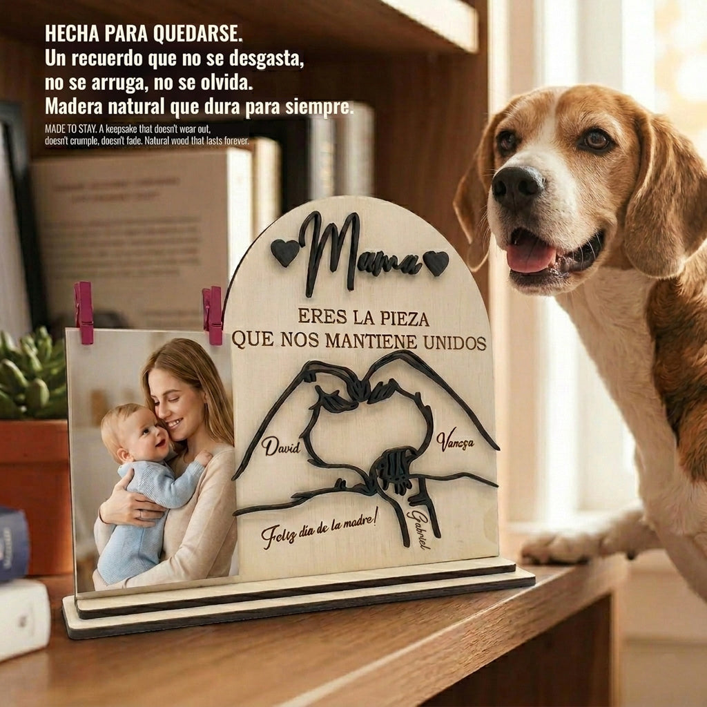 Cumpleaños madre regalo personalizado con marco de madera grabado y foto familiar