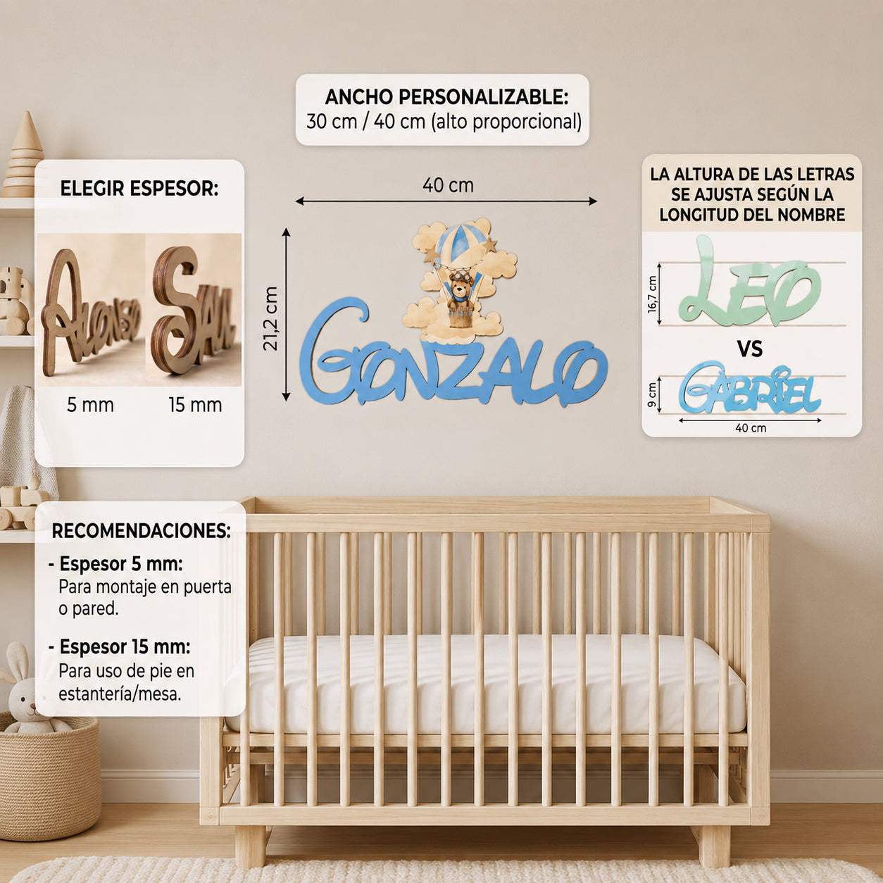 Guía de tamaños y grosores del nombre de madera personalizado para bebé.