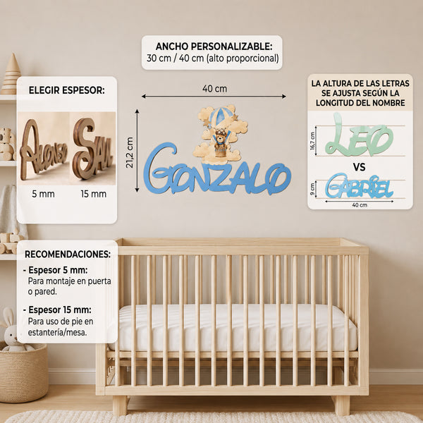 Guía de tamaños y grosores del nombre de madera personalizado para bebé.