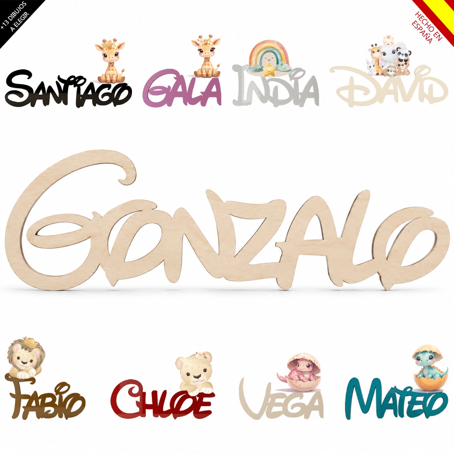 Nombre de madera personalizado para bebé disponible en acabado natural o pintado con 13 motivos decorativos.