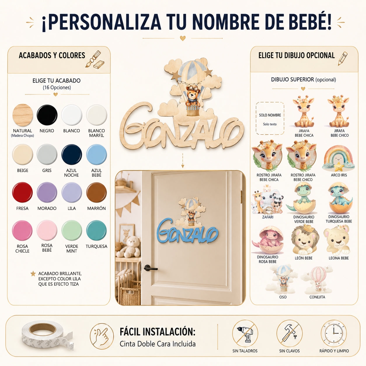 Opciones para personalizar un nombre de madera para bebé con colores, motivos decorativos e instalación sencilla.
