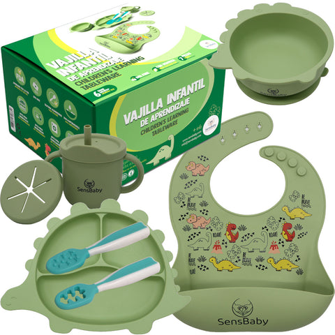 Green silicone baby tableware with suction cup Sensbaby - BLW